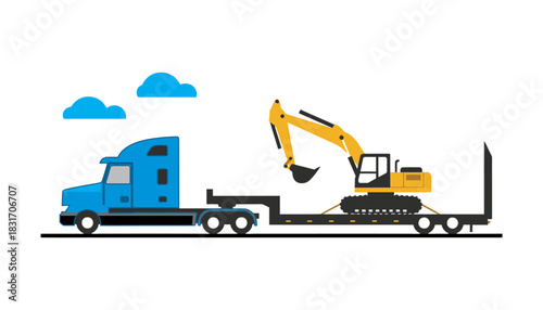 Heavy Equipment Transport: Blue Semi-Truck Hauling Yellow Excavator on a Flatbed Trailer, Vector Illustration of Construction Machinery Delivery