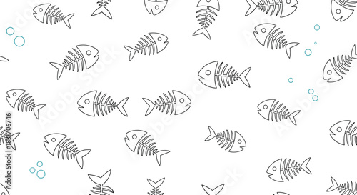 A playful pattern of whimsical fish skeletons on a clean white background with subtle blue bubbles.
