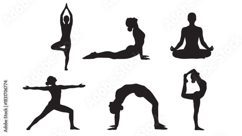 Collection of six diverse yoga poses depicted as black silhouettes isolated on white background silhouette