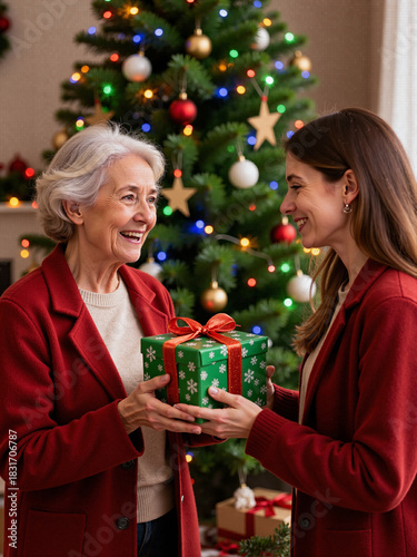 a elderly woman and a woman exchanging Christmas gift	