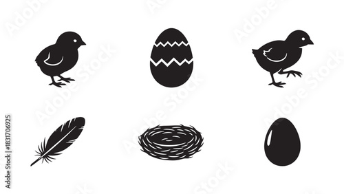 Set of six black easter themed silhouettes including two chicks an egg a feather a nest and an easter egg isolated on white background silhouette