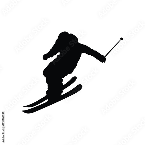 Ski athlete extreme winter snow sport player silhouette black and white vector in dynamic pose