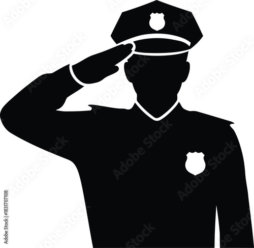 A police officer saluting, presented as a clean black silhouette, minimalist flat vector illustration with solid fill, no outlines, isolated on a pure white background