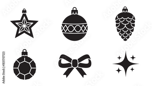 Collection of six festive christmas ornaments and decorations in silhouette style isolated on white background