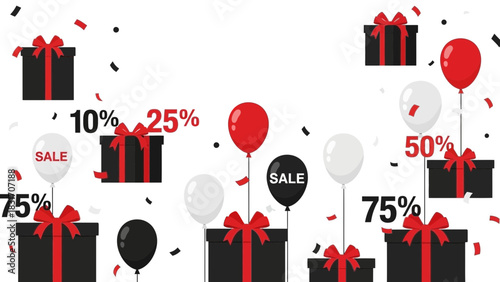 Celebrate huge savings with this festive sales promotion featuring gifts, balloons, and percentages off, perfect for your retail marketing campaign now!