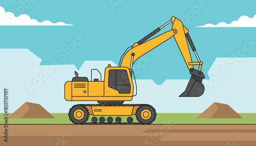 Yellow Excavator on Construction Site, Flat Design Vector Illustration of Heavy Earthmoving Machinery with Dirt Piles and Blue Sky