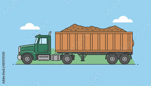 Green Semi-Truck with Orange Dump Trailer Hauling Dirt, Flat Line Art Vector Illustration