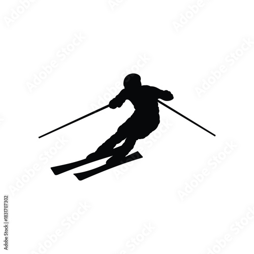 Ski athlete extreme winter snow sport player silhouette black and white vector in dynamic pose