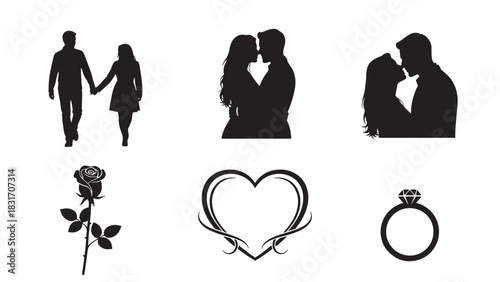 Collection of romantic silhouette icons including couples kissing holding hands a rose heart and ring isolated on white background silhouette