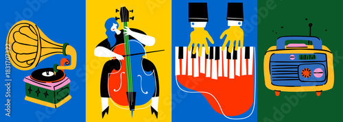 Vector illustration featuring musicians playing the piano and cello in a modern pop-art style, perfect for a jazz or classical music concert poster and abstract branding