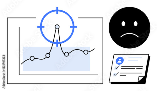 Data graph with focus point, sad face emoticon, and document with checklist items representing analysis, feedback, performance review, evaluation, decision-making, target assessment, collaboration