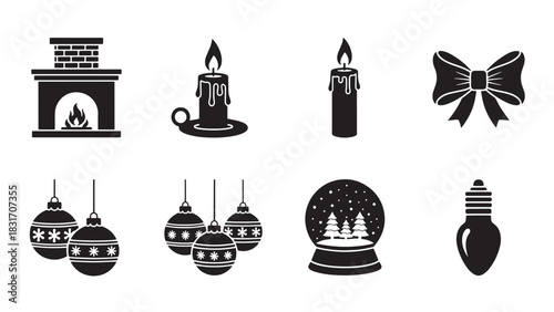 Collection of festive christmas holiday icons including fireplace candles ornaments bow snow globe and light bulb silhouette isolated on white background