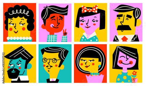 A trendy set of retro vector avatars featuring diverse, stylized human portraits. These bold, pop art inspired characters are perfect for social media profiles, modern branding, and digital apps
