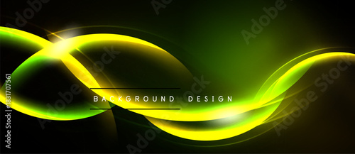Bright neon curves illuminate dark backdrop. Smooth lines create dynamic abstract design. Vibrant yellow glows against deep green.