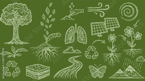 A comprehensive collection of hand-drawn environmental and ecological doodles on a green background.