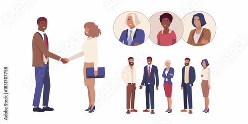 Diverse business team handshake with online meeting participants illustration