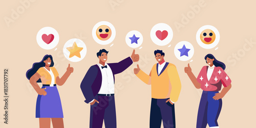 Group of people giving thumbs up with positive feedback icons above their heads