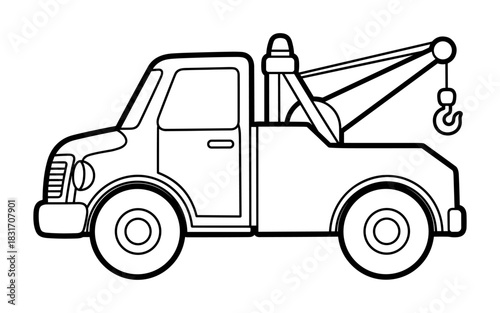 Outline drawing of tow truck side view for coloring or design projects