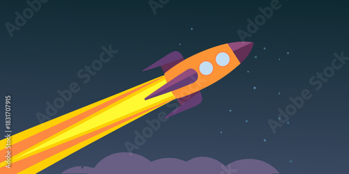 Cartoon rocket launching into space with flame and stars