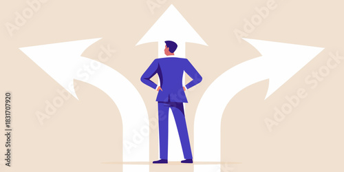 Businessman at a crossroads making a decision about future direction