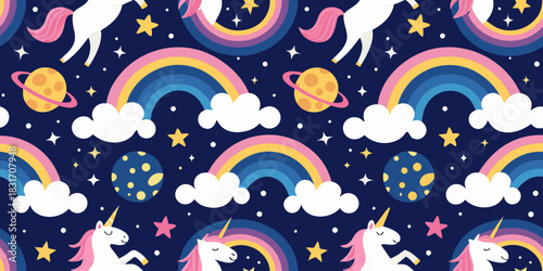 Seamless pattern with unicorns rainbows planets and stars on a dark blue background