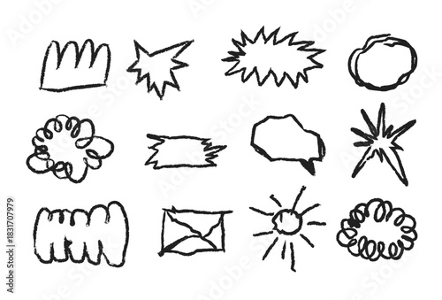 A whimsical and trendy set of naive, hand-drawn vector doodle shapes perfect for playful speech bubbles, bursts, and design elements.