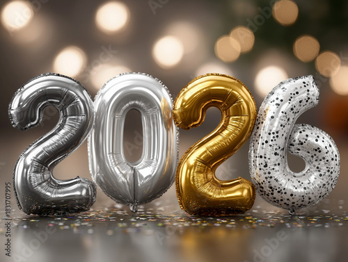 Metallic colored number balloons spelling out 2026