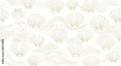 Elegant minimalistic pattern featuring traditional Japanese waves and fan motifs for background
