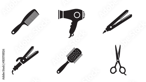 Collection of six black silhouette icons representing hairdressing tools isolated on white background