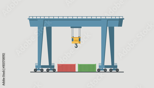 Industrial Gantry Crane Lifting Shipping Containers Illustration on Light Grey Background for Logistics and Cargo Transport