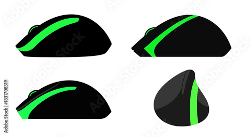 Set of four vector illustrations of a modern black and green computer mouse from different angles.