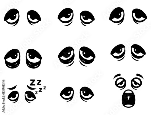 A versatile collection of expressive cartoon character eyes showing emotions like sleepiness and surprise