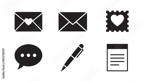 Collection of six black silhouette icons representing communication and love isolated on white background