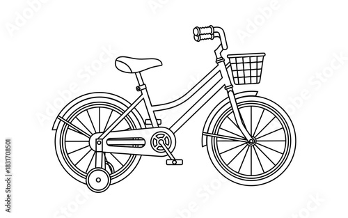Outline drawing of child's bicycle with training wheels and basket
