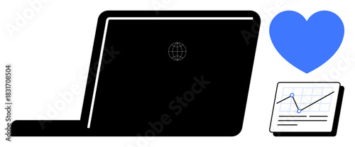 Black laptop, blue heart, and analytic chart tablet showing a rising graph. Ideal for technology, data analysis, productivity, business growth, connectivity, digital communication relationship