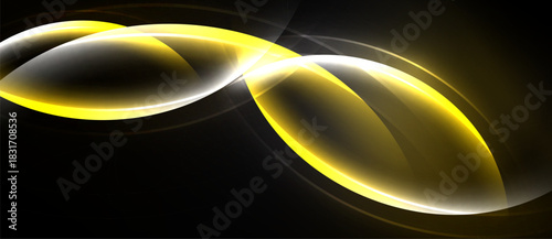 Abstract golden shapes overlap black background. Smooth lines create dynamic visual effect, suggesting movement, energy. Brightness contrasts sharply.