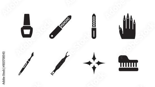 Collection of black silhouette manicure and pedicure tools isolated on white background