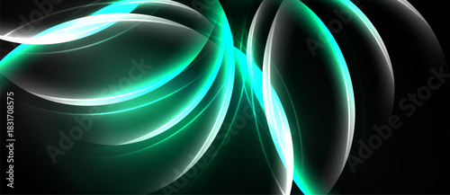 Abstract design features flowing turquoise lines, white highlights against dark background. Elegant curves create dynamic visual impact.