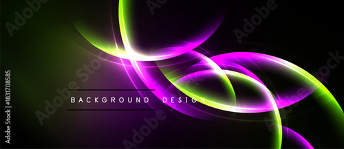 Abstract neon lines over black background. Vibrant purple, green hues create dynamic visual effect. Modern design element.