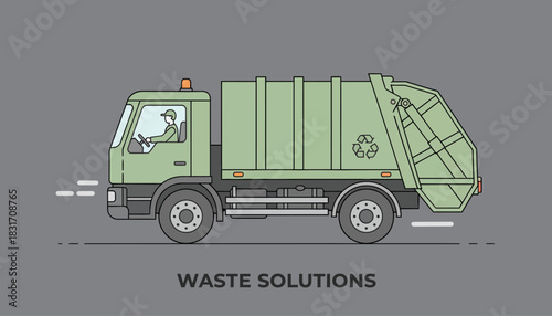 Green Refuse Truck with Driver and Recycling Symbol - Moving Waste Solutions Line Art Illustration on Gray Background