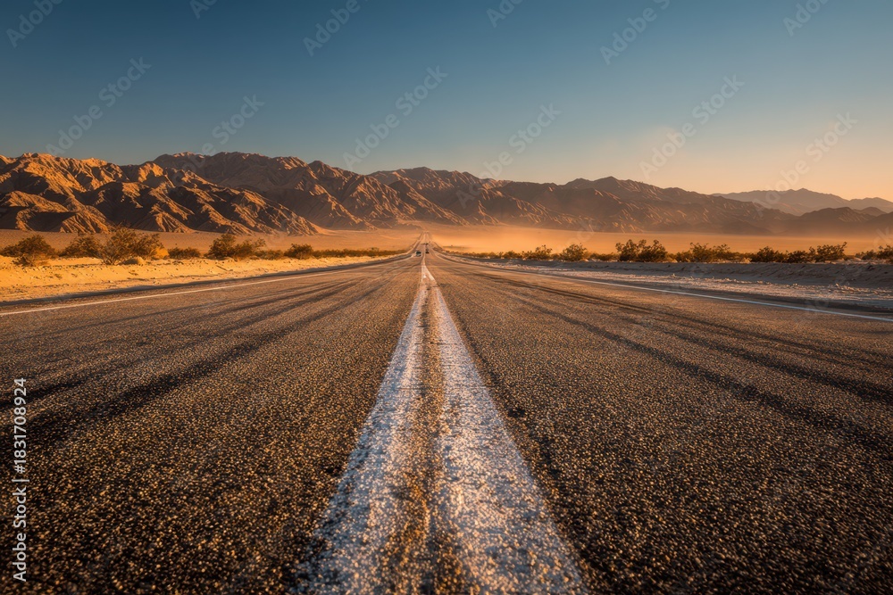 Naklejka premium Desert Highway with Bold 'New Markets' Message Across the Road at Golden Hour