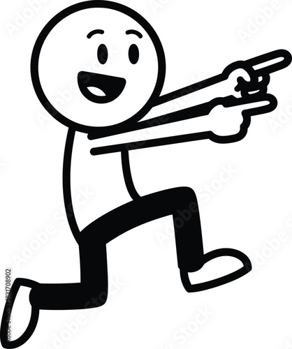 Happy cartoon stick figure kneeling and pointing enthusiastically with both hands.