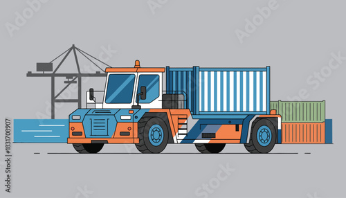 Terminal Tractor Moving Shipping Container at Port. Logistics and Intermodal Freight Transport. Flat Vector Illustration.