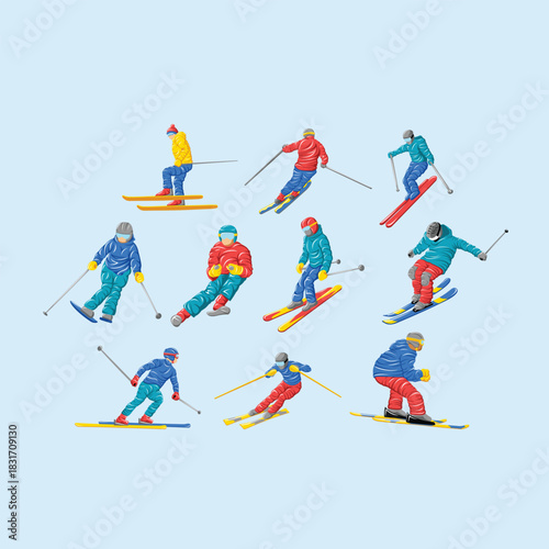 Ski athlete extreme winter snow sport player colorful vector in dynamic pose set collection