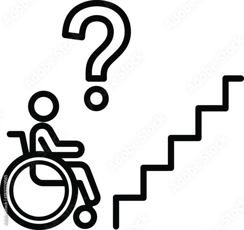 Line art icon of a person in a wheelchair facing inaccessible stairs with a question mark.