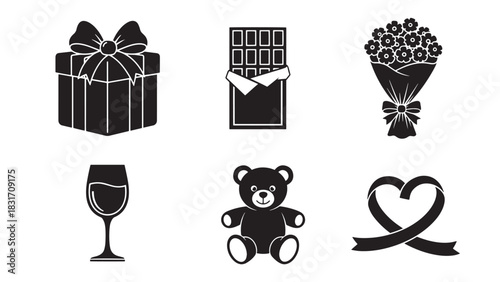Collection of romantic gift icons including a present a chocolate bar flowers a champagne glass a teddy bear and a heart shape isolated on white background silhouette