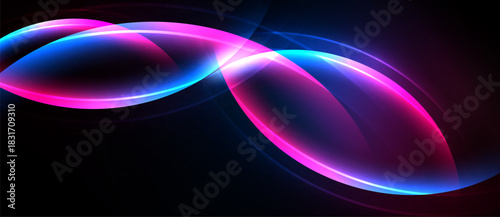 Abstract glowing shapes overlap, creating infinity symbol. Vivid pinks, blues dominate dark background. Modern digital art.