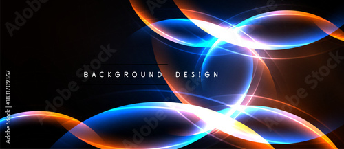 Abstract neon lines create dynamic shapes against dark background. Bright colors blend, forming modern design element.