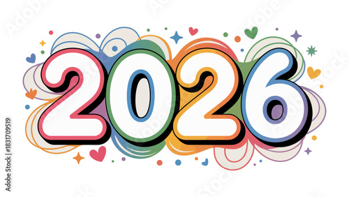 2026: A vibrant and colorful illustration of the year 2026, surrounded by playful swirls, hearts, and stars, perfect for representing future goals, new beginnings, or upcoming events.
