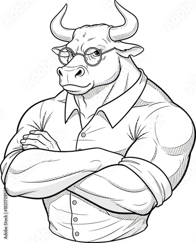 Muscular anthropomorphic bull with glasses and crossed arms in a black and white line art illustration.